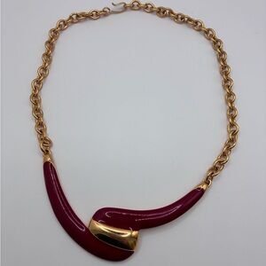 Vintage Monet Gold Chain Necklace with Burgundy Enamel Pendant